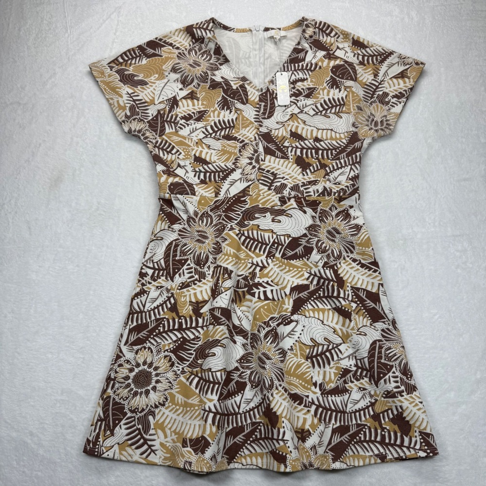 C Brown Floral Print V-Neck Short Sleeve Casual Dress‎ Medium